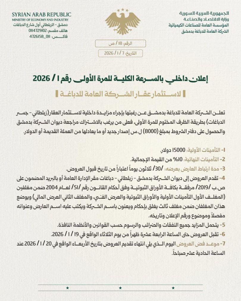 إعلان مزايدة داخلية لاستثمار عقار (زبلطاني – جسر الدباغات)